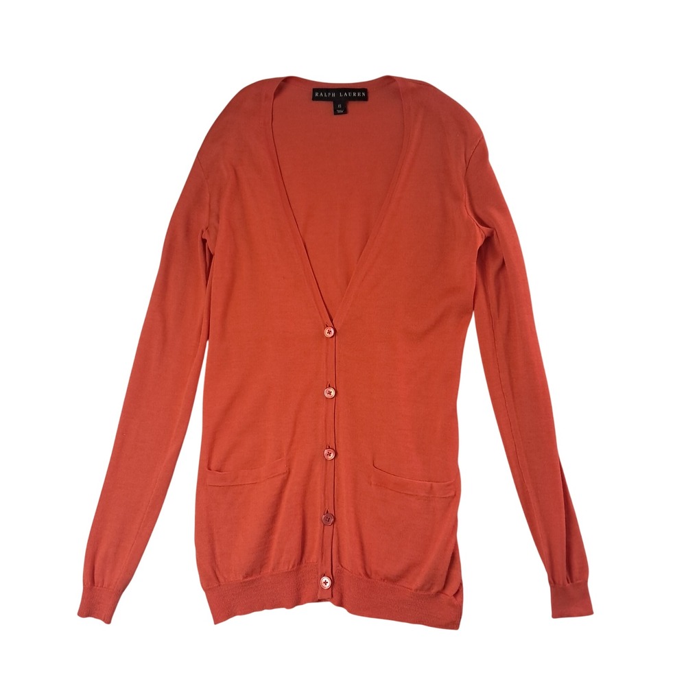 Ralph Lauren Black Label Cardigan Women XS Orange Silk Cashmere V-Neck Luxury